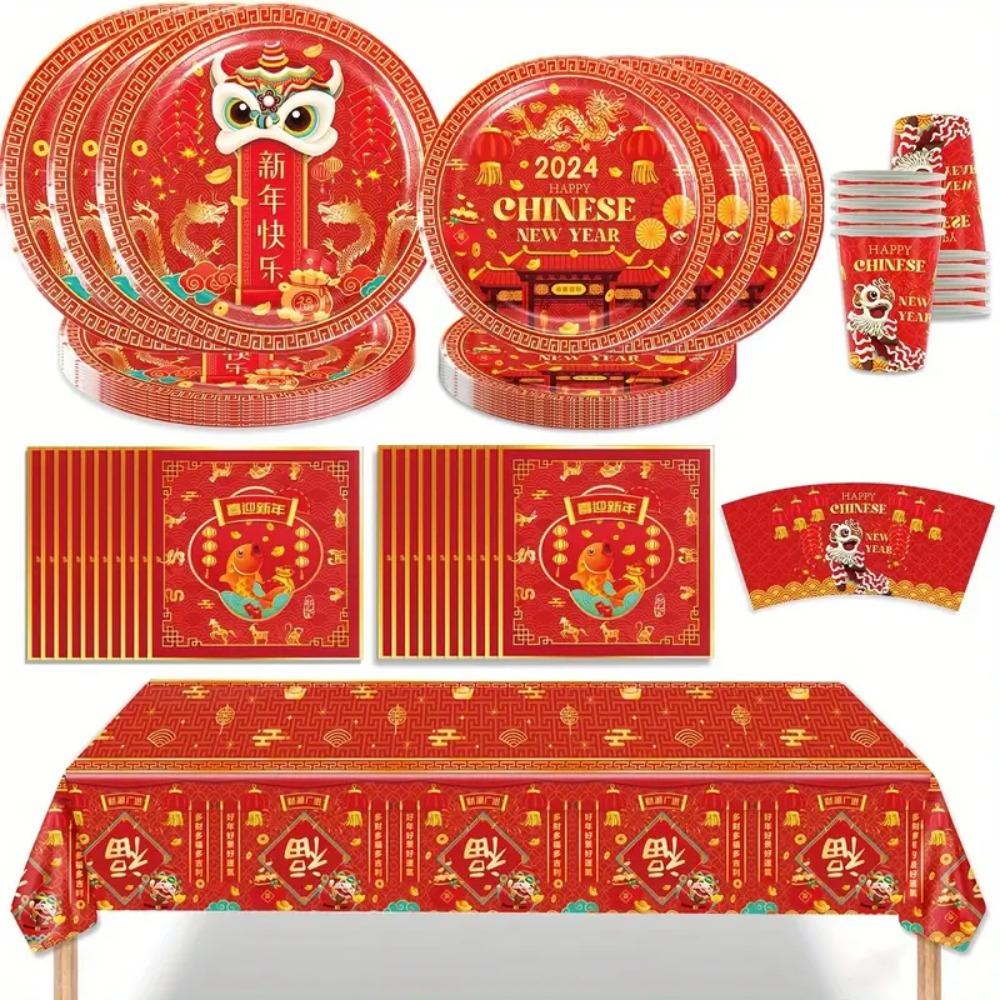 Serves 12 Paper Disposable Tableware Set Plates Cups Napkins Tablecloth Year of The Dragon