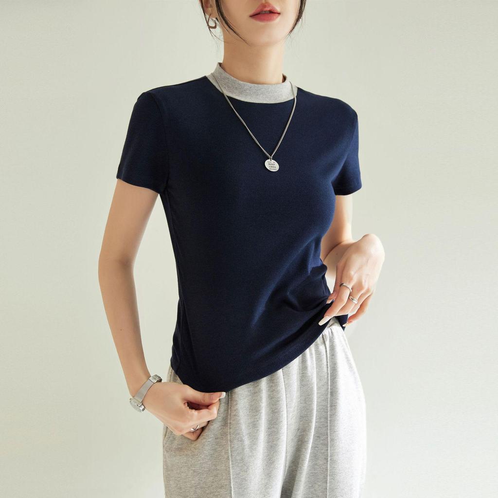 Chic French Style Slim Fit Short-Sleeve T-Shirt for Women - High Elastic, Cool Touch, Round Neck, Spring/Summer 2025
