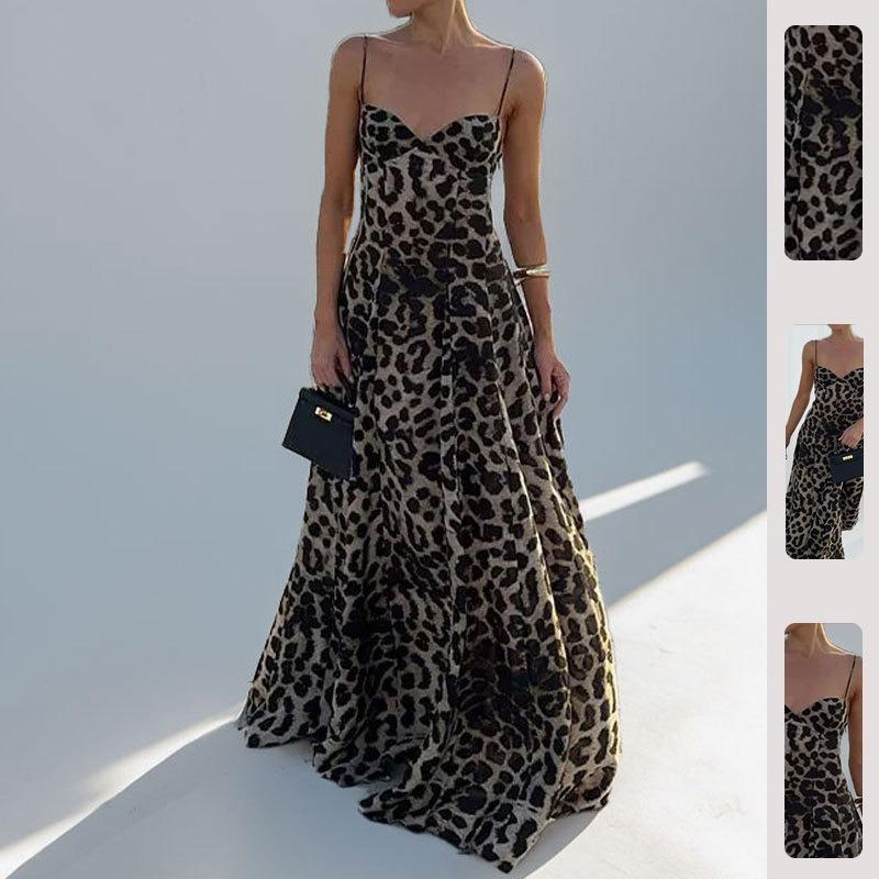 Women Fashion Sexy Leopard Print High Waist Spaghetti Strap Long Dress