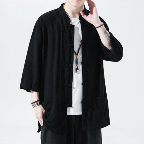 Мужская рубашка в китайском стиле, свободная рубашка в стиле ретро на пуговицах с карманами, хлопковая льняная дышащая летняя рубашка для уличных вечеринок и путешествий