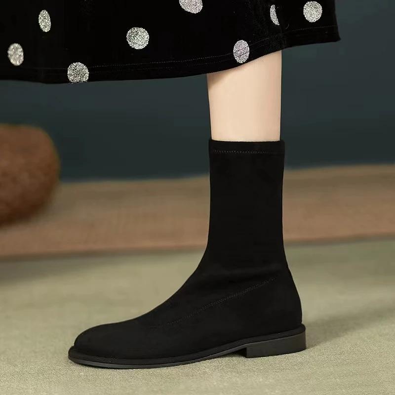 Suede Women's Slim Ankle Boots Fashionable Slip-On Women's Elegant Flat Heel Short Boots Casual Street Style Women's Boots