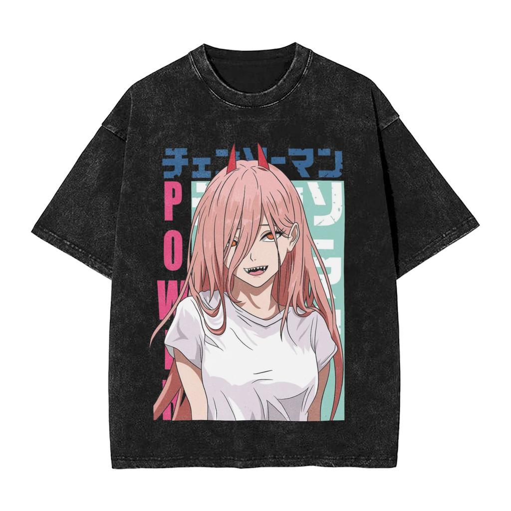 Washed T Shirts Blood cutie Power Anime Chainsaws Man Hip Hop Vintage T-Shirt Oversize Streetwear Cotton Tee Shirt for Men Women