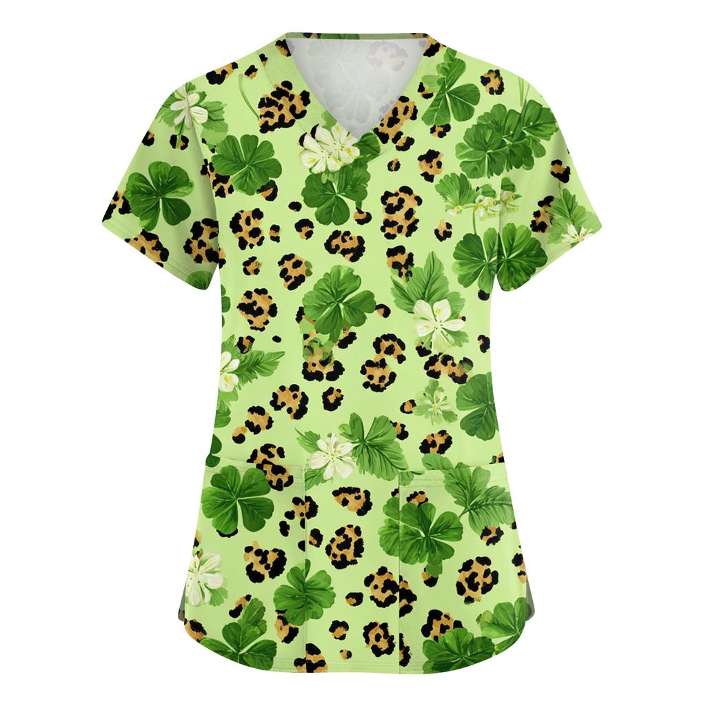 Ladies' St. Patrick Print Fashionable V-neck Pocket Short Sleeved  Uniform And Caregiver Top