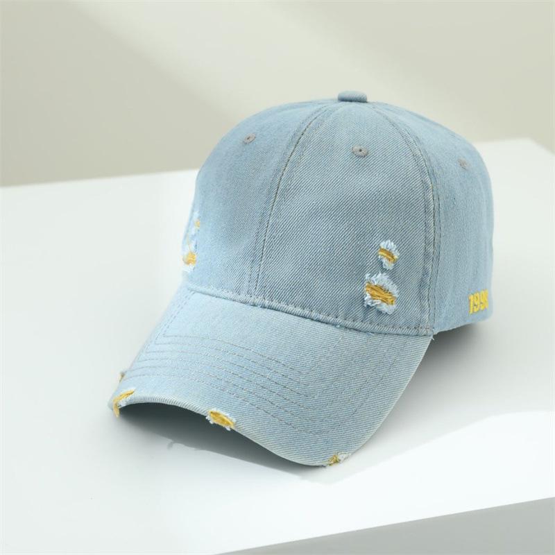 Washed denim side embroidery baseball hat men and women ripped couple soft top sunshade sun protection cap