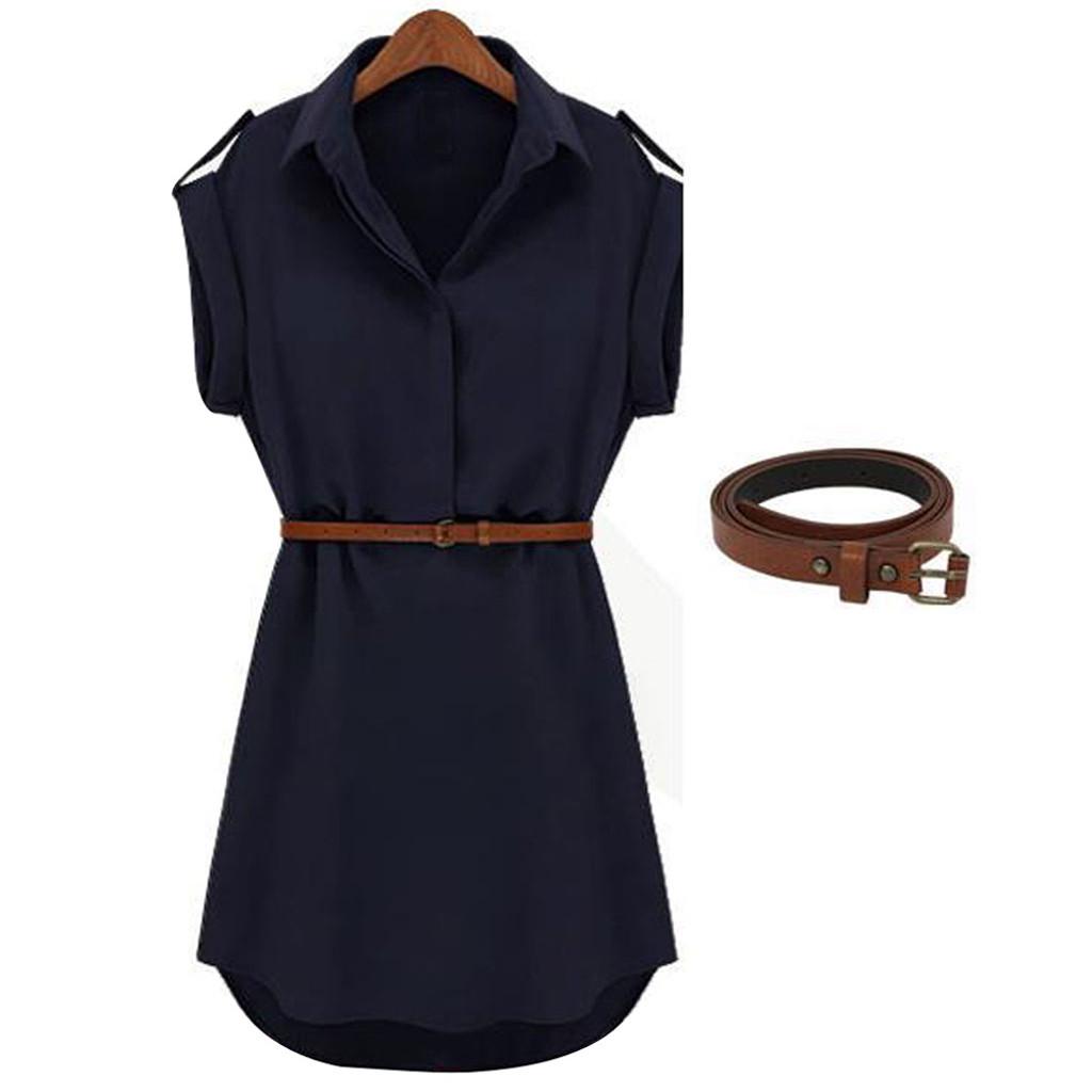 Women Casual Summer Loose Short Sleeve Dress With Belt