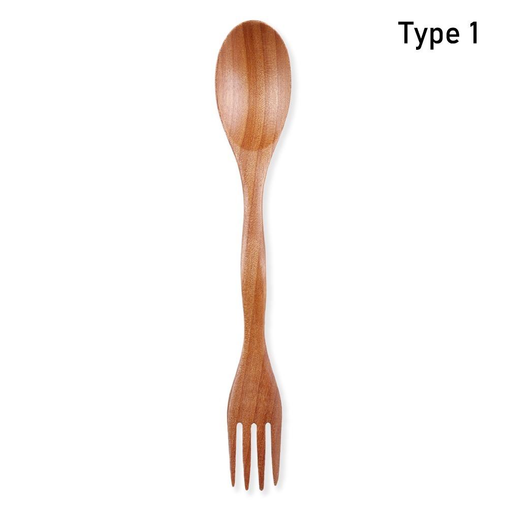 Cutlery Dinner Fruit Spoon Fork Natural Wood 2 In 1 Dual Head