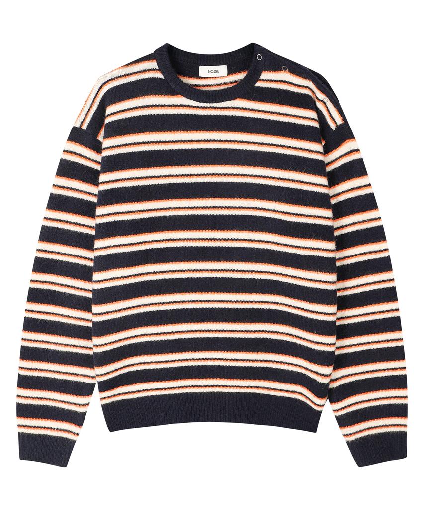 NOISE Striped Shoulder Open Henley Neck Knit - Navy