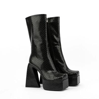 Модные новые сапоги до середины икры с узором под камень, боковой молнией, толстым каблуком, квадратным носком, водонепроницаемой платформой, короткой плюшевой подкладкой, зимние, размер 45