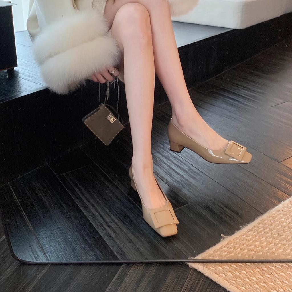 Виноградная Мама Сиэтл Ночь~ Весна Квадратная Пряжка Коммьютер Толстый Каблук Легкий Вырез Туфли на Высоком Каблуке Квадратный Носок Темперамент Средний Каблук Одинарные Туфли