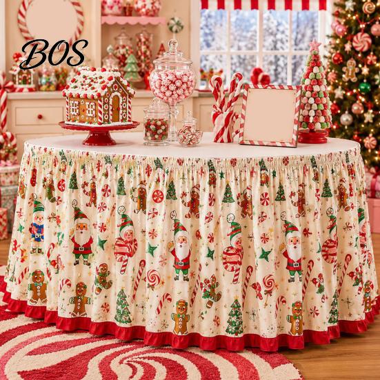 Seasonal Table Skirt Christmas Skirt, Santa Claus Elk Prints, Elastic Edge, Dining Decor, Festive Home Decor Elf Xmas Tree for Holiday Party