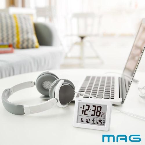 MAG (Mag) Alarm Clock, Compact, Digital, with Thermometer, Calendar, Electronic Sound, Snooze Function, and Light, White Brim, Model T-779A WH-Z, Noah
