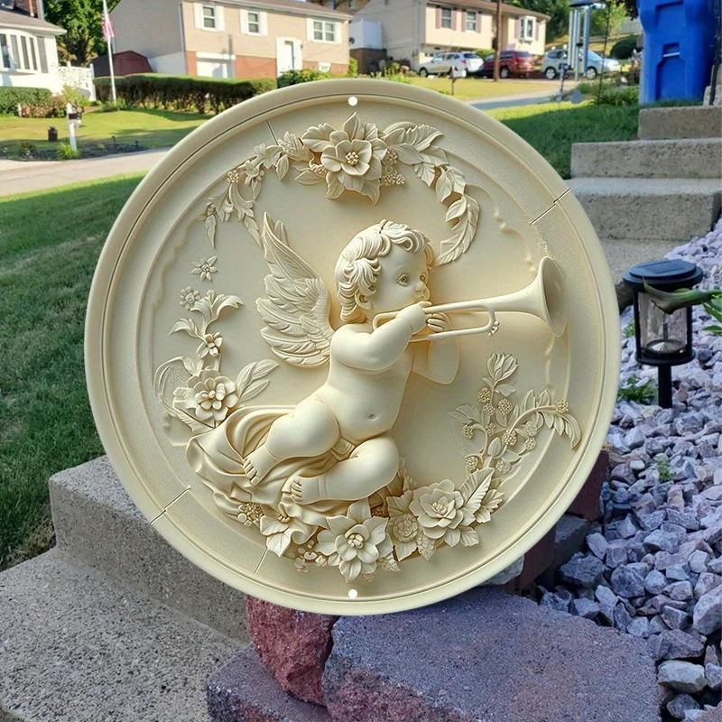 Деревянная табличка «Ангел-херувим», настенное искусство, декоративная круглая рельефная табличка 2D, печать HD, для улицы, для помещений, таверны, простая и стильная подвеска на дверь туалета