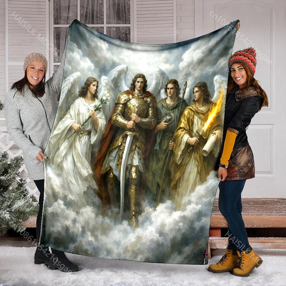 1PC Angels and golden armored warrior print blanket Prayer blankets for believers suitable for home sofa camping travel car