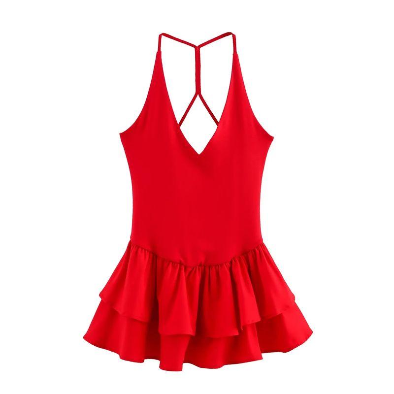 Spring and Summer Women Clothes Laminated Decorative Hem Patchwork Hanging Collar Fashion Sleeveless Short Dress 4174376