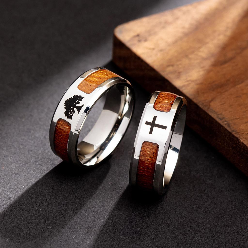 Jewelry Inlaid with Acacia Wood Grain Half Circle Tree of Life Ring Cross Ring
