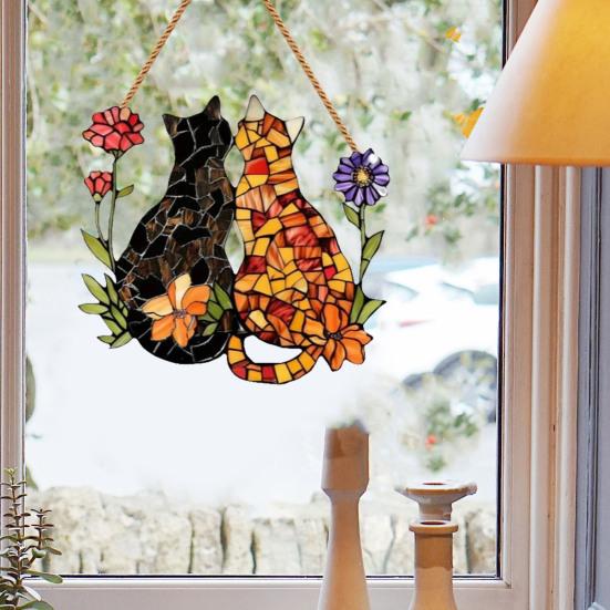 Dual Cat Flower Hanging Decoration Front Door Wall Window Acrylic Kitten Animal Floral Ornament