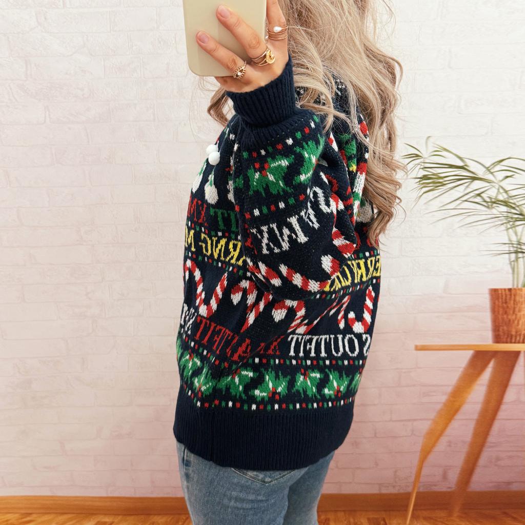 Women's Fashionable Long Sleeved Christmas Pullover Round Neck Casual Sweater Top