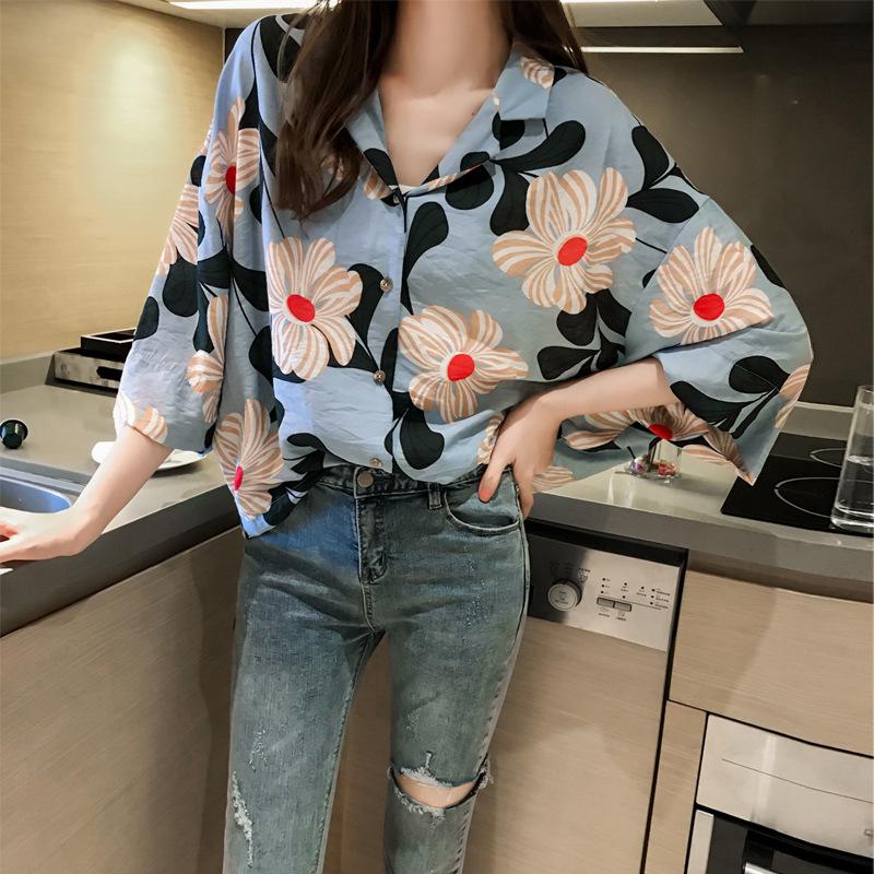 1116 autumn new Han Fan thin yellow printed chiffon shirt top women's five-quarter sleeve floral sunscreen shirt