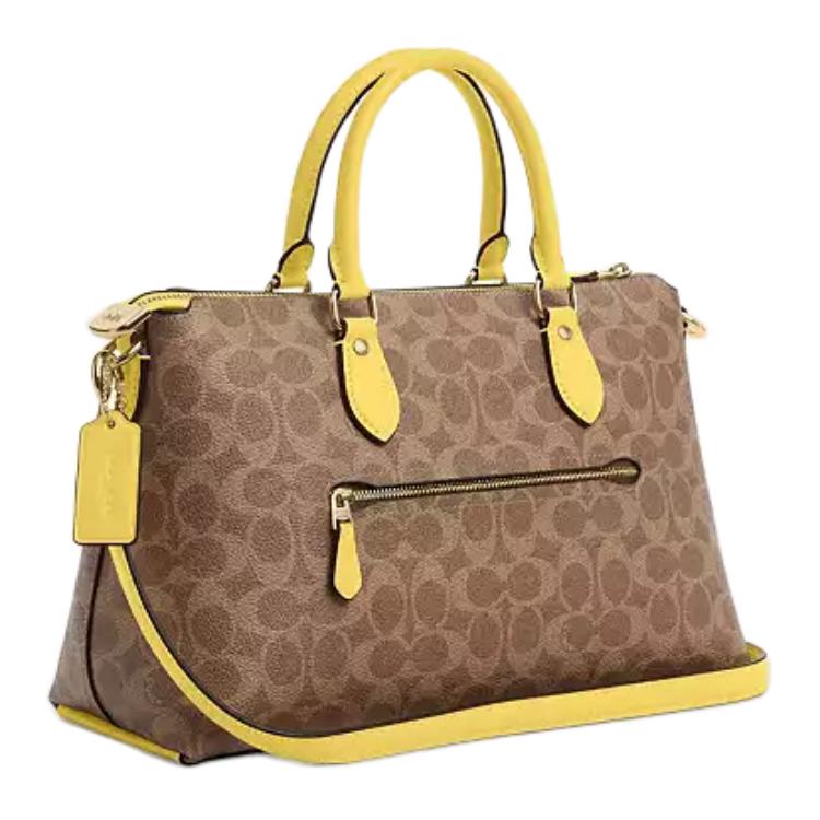 Coach Коричневая холщовая сумка-портфель с желтой кожаной отделкой, трансформируемая, для повседневного использования