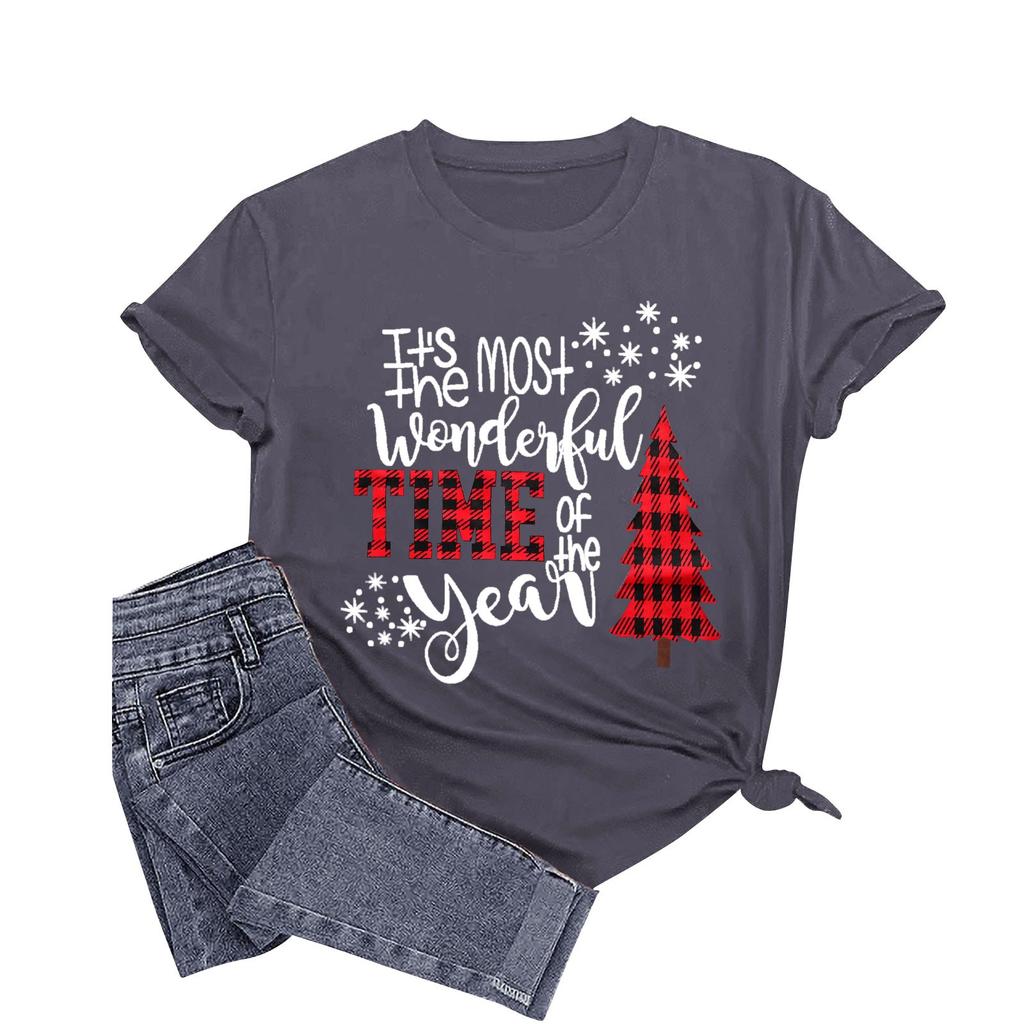 Женская футболка, повседневный свободный рождественский пуловер с круглым вырезом и коротким рукавом с принтом