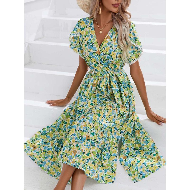 Women's Dress Summer Small Floral Slit V-neck Women's Clothing