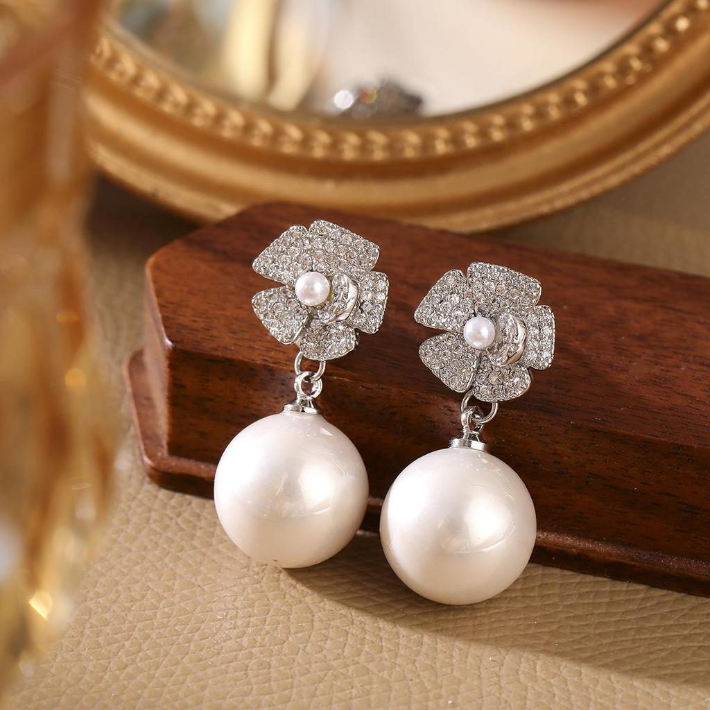 Elegant French Flower Pearl Zircon Stud Earrings in S925 Silver – Luxury High-End Women's Jewelry