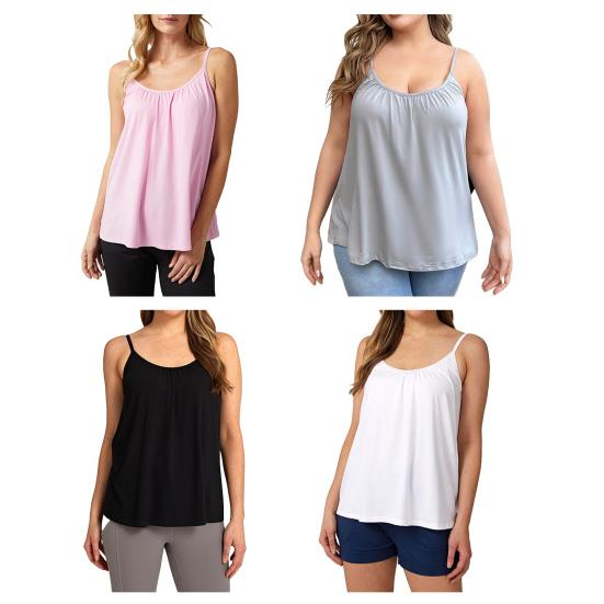 Camisole Top for Women Loose Cami Top with Built-in Padded Bra Summer Flowy Pleated Spaghetti Strap Tank Top for Daily Wear Exercise