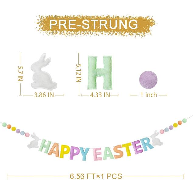 Easter Decorations Pre-Strung Felt Pastel Happy Easter Sign Bunny Banner Wool Felt Ball Garland for Happy Easter Spring Nursery Classroom Home Wall