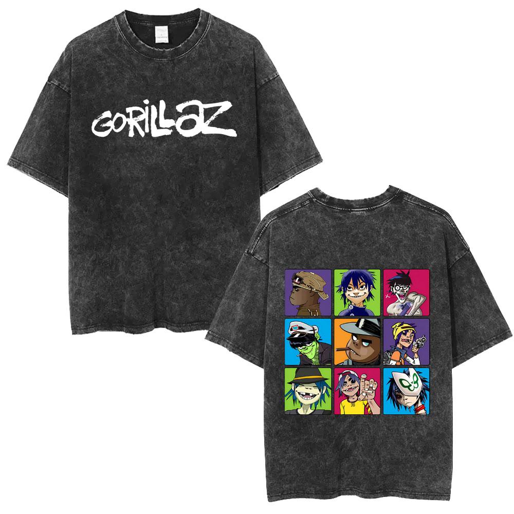 Washed Vintage Rock Band Gorillaz Face Graphic Tshirt Men Women Fashion Hip Hop Oversized T Shirt Mens Retro Gothic Streetwear