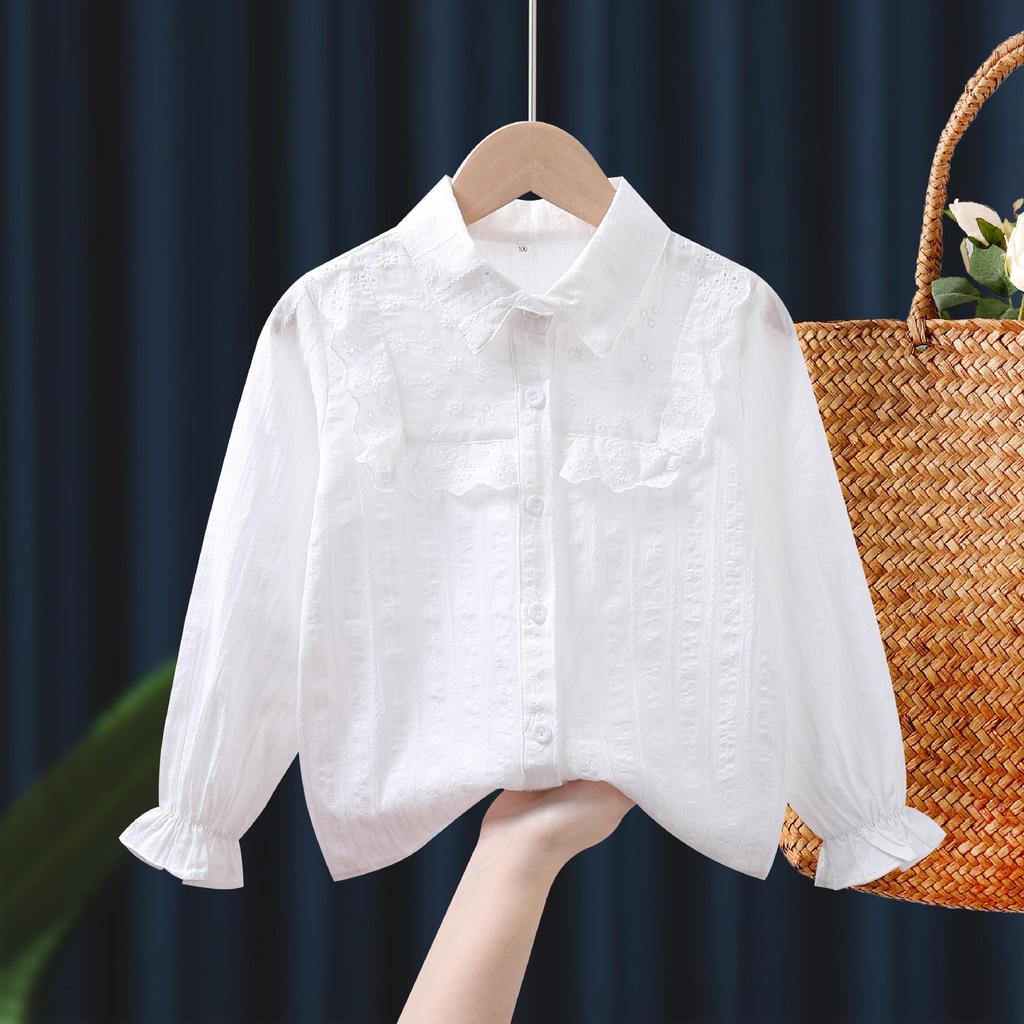 Кружевная рубашка с длинным рукавом для девочек, весна 2023 - модный топ для детей среднего и старшего возраста