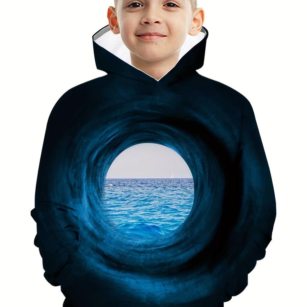 Optical Illusion Sea And Hole 3D Print Boys Casual Pullover Long Sleeve Hoodies, Boys Sweatshirt For Spring
