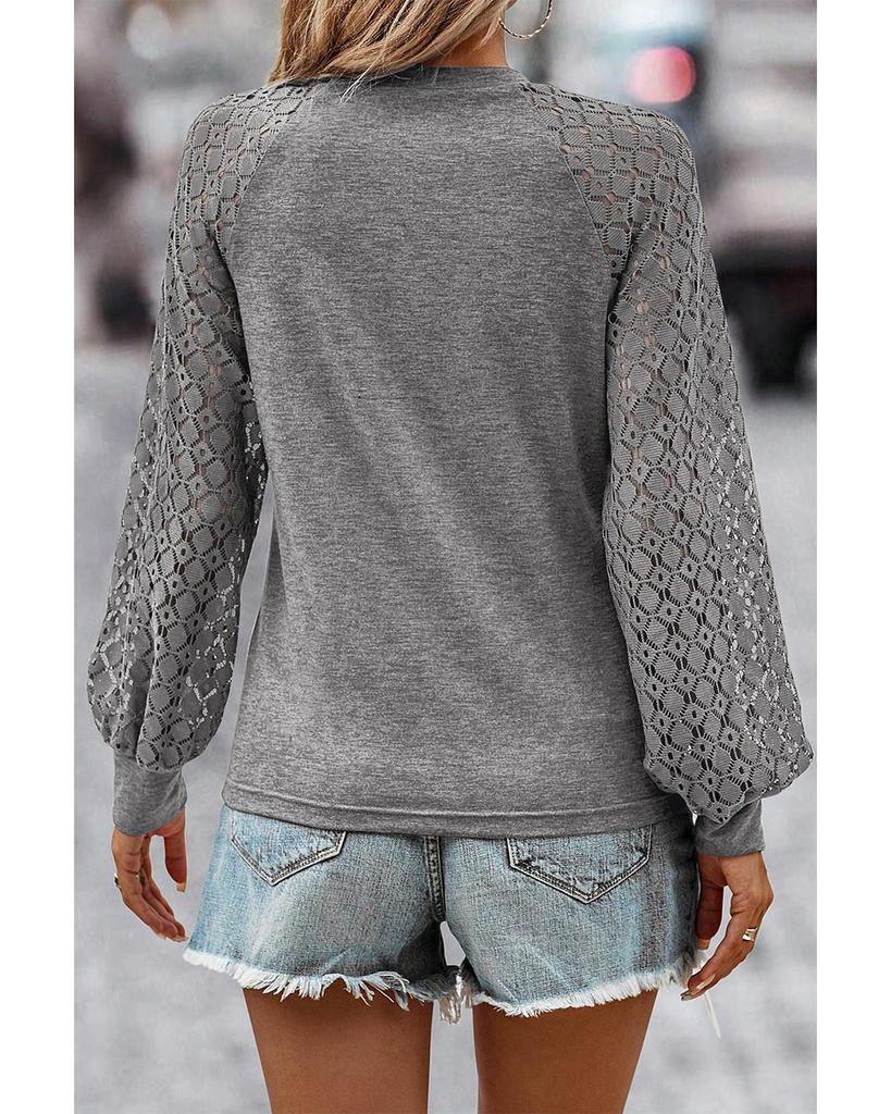 Azura Exchange Gray Contrast Lace Raglan Sleeve Plicated Knit Top