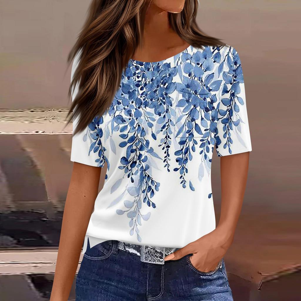 Футболки для женщин, плиссированные, с круглым вырезом, нарядные, повседневные, блузки с принтом, с коротким рукавом, летние топы, свободный крой