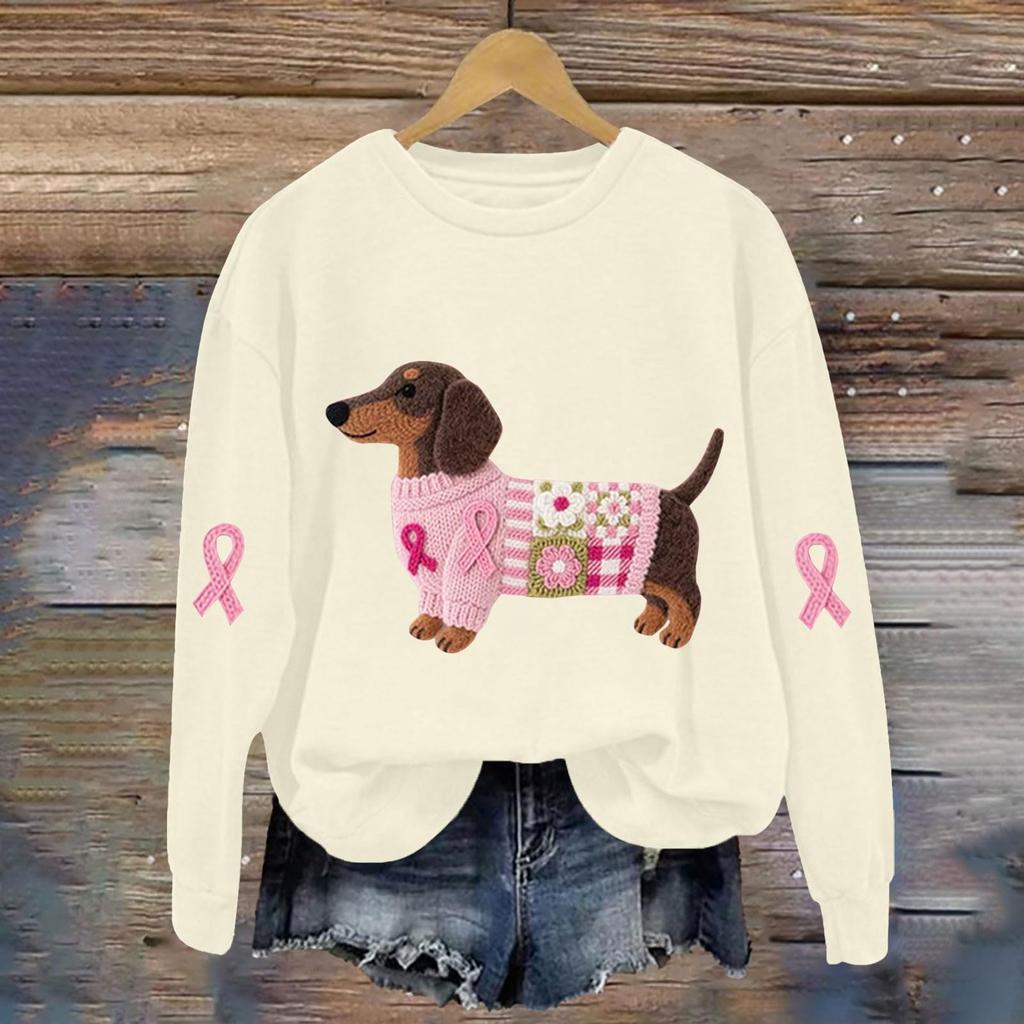 Breast  Sweatshirts For WomenRibbon Breast  Shirt Cute Dog Graphic  Long Sleeve Tops