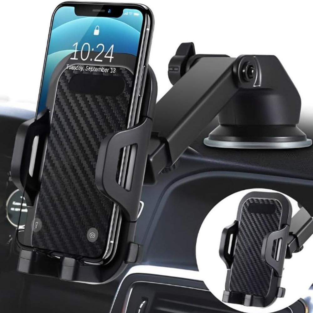 Car Dashboard Windshield Suction Cup Phone Holder Carbon Fiber Texture Extendable Rod Cellphone Bracket