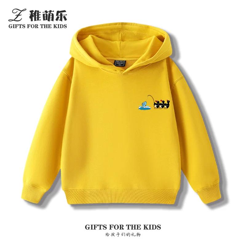 Kids' Fleece-Lined Hooded Sweatshirt with Fun Cartoon Penguin Print – Warm Pullover for Boys and Girls (Autumn/Winter)