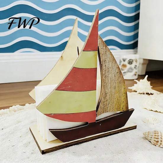 Wooden Napkin Dispenser Vintage Nautical Sailboat Holder Freestanding Tabletop Paper Towel Coastal Style Tissue for Kitchen Restaurant Dining