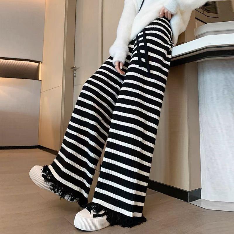 Striped Soft Knit Pants for Women In Autumn and Winter High Waisted and Wide Leg Pants Straight Leg Loose Casual Tassel Pants