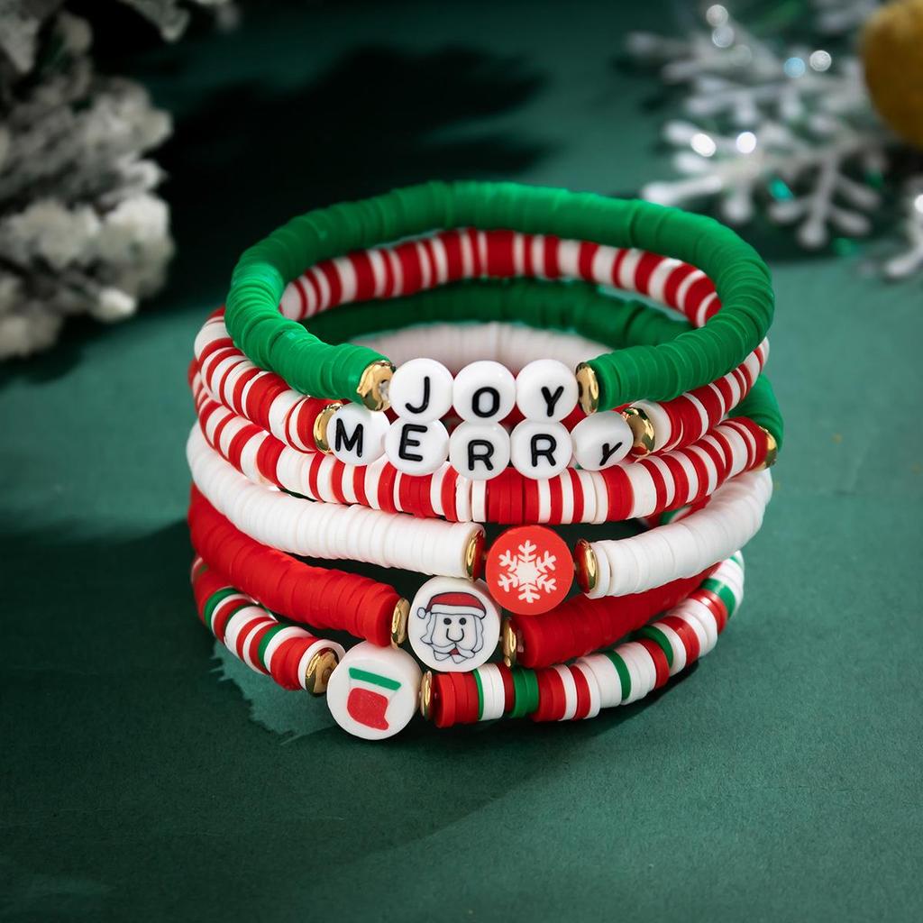 Colorful Polymer Clay Christmas Bracelet with Cartoon Snowman and English Letters for Women