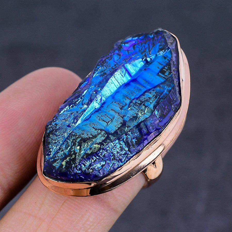 Natural Peacock Titanium Aura Gemstone Handmade Copper Jewelry Ring Size 8 A4W90