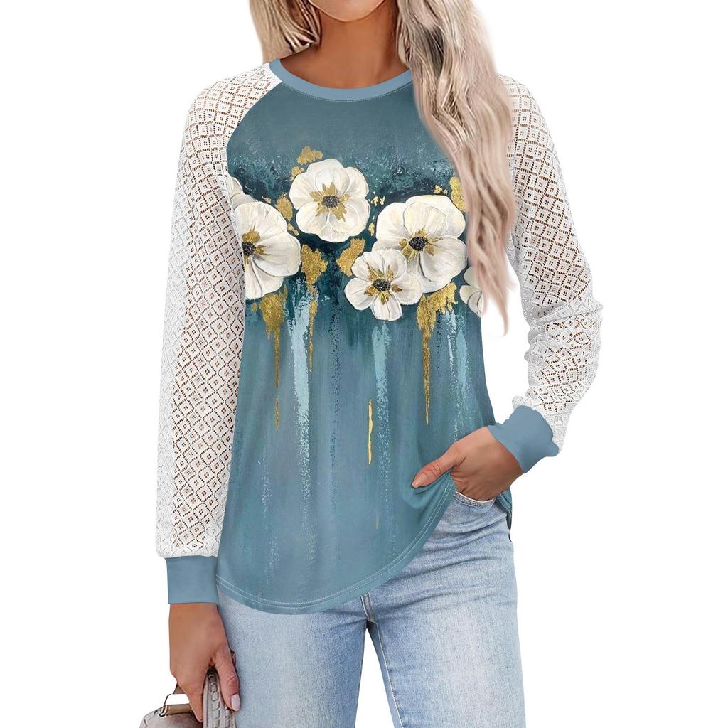 Women's  Long Sleeve  T Shirts Round Neck Lace Tops  Casual Blouses Trendy  Fashion Top
