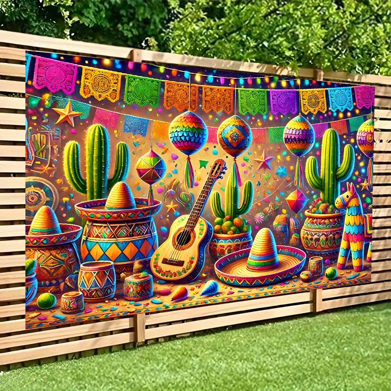 Festival themed background banner - vibrant Mexican party decoration including Sol é ro hats cacti Malakas and camels