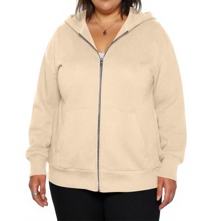 Plus Size Women Casual Hooded Jacket Long Sleeve Zipper Solid Color Fashion Outerwear