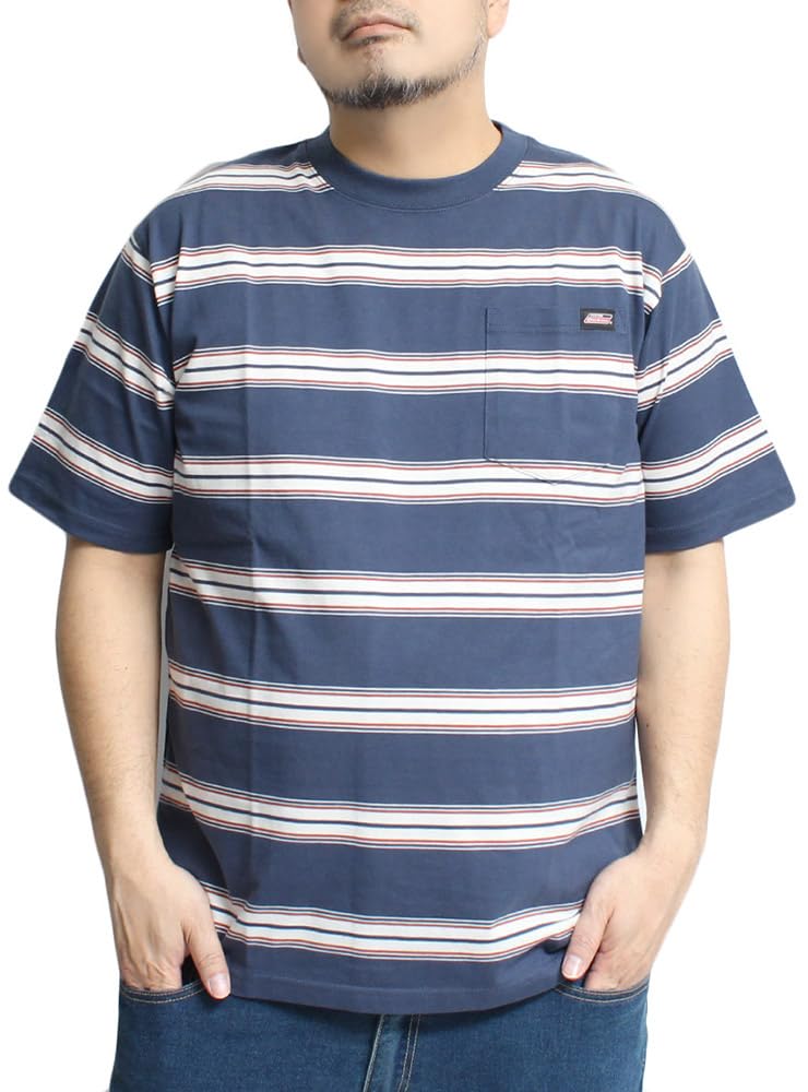 GENUINE DICKIES Men's Short Sleeve T-Shirt with Striped Ringer Logo Print, Crew Neck, Size 4L, Blue and Striped (Size 90)