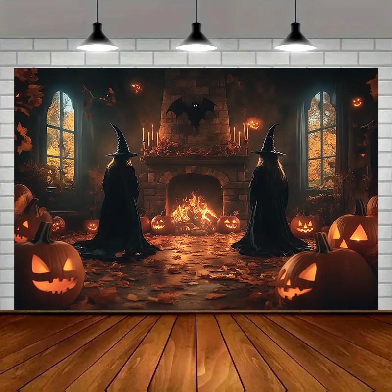 1 piece of Halloween witch and bat polyester party banner depicting a terrifying autumn scene.PMJ