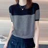 Women Summer T Shirt Vintage Striped Short Sleeve Tee Korean Fashion Round Neck Patchwork Tunics Casual Knitted Tops