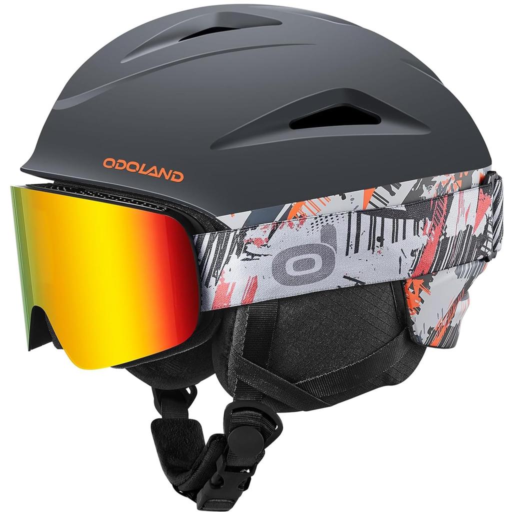 Odoland Ski Helmet and Snow Goggle Size Snowboard Glasses Flat Impact UV Adult L Set, Dial-Type Adjustment, Helmet, Compatible, Lens, Windproof,