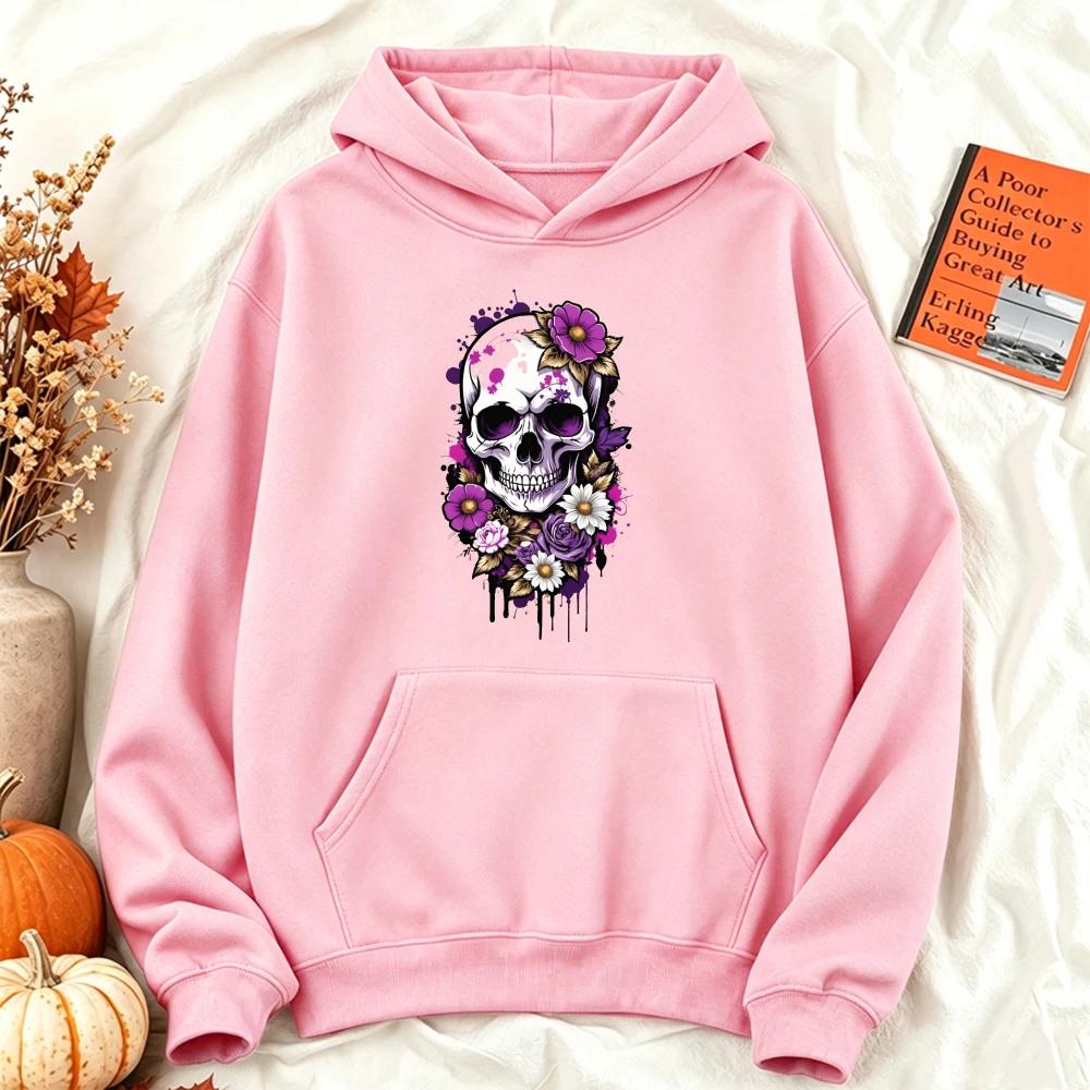 Gothic Purple Floral Skull Graphic Women Hoodie Long Sleeve Fall Winter Halloween Day of Dead Aesthetic Streetwear Y2K Women Top