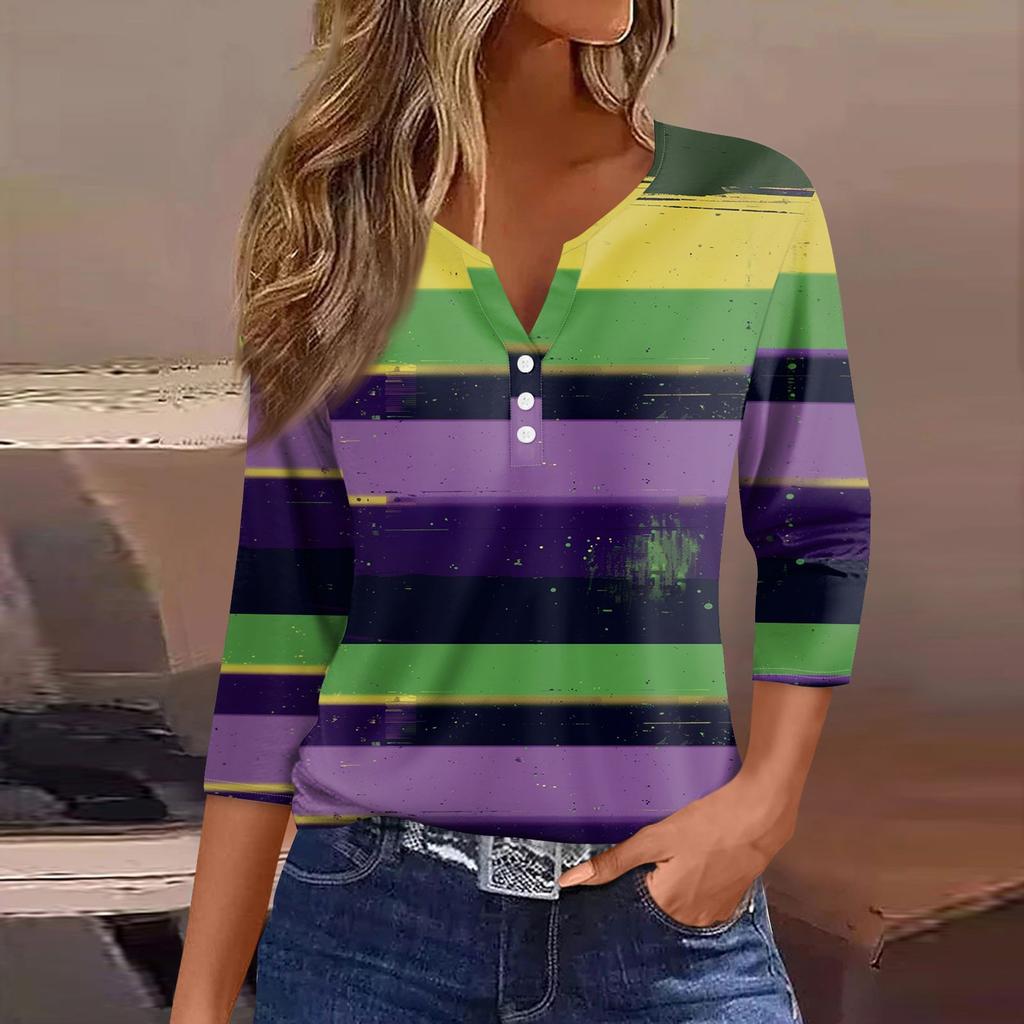 Жен. Футболка Футболка С принтом Пуговицы Рукав 3/4 Повседневные Выходные Мода Классический Классический V-образный вырез Обычный Верх