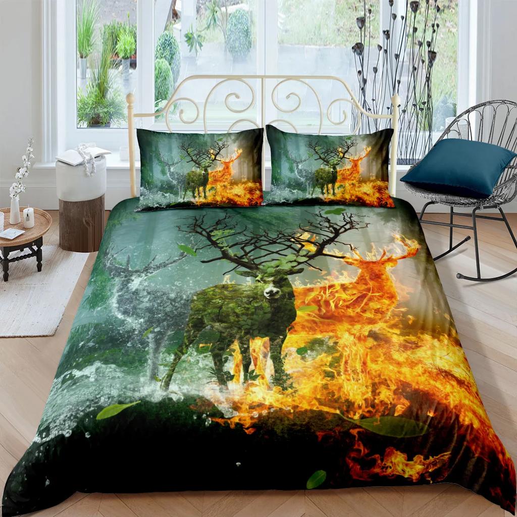 Пододеяльник Олень Кинг/Квин Сайз, дикая природа Олени Огонь Принт Постельное белье Набор Для Подростков Взрослых Мужчин, Коричневый Лось Животное Пододеяльник